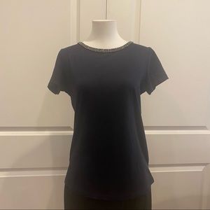 J CREW Navy T-shirt with crystal collar embellishments
